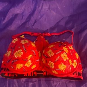 Pink lacy razor back bra.